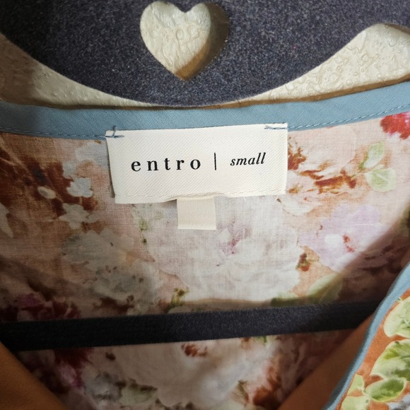 Entro Floral Print Puff Sleeve Peasant Blouse Women's Small Blue Trim Tie Neck - Picture 7 of 10